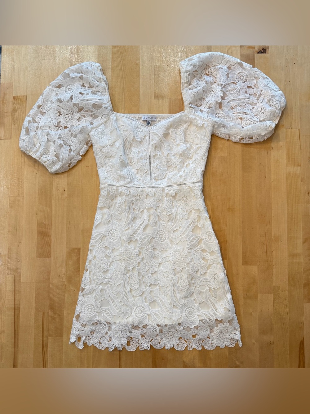 Lucy Paris Elaine White Floral Lace Puff Sleeve Mini Dress